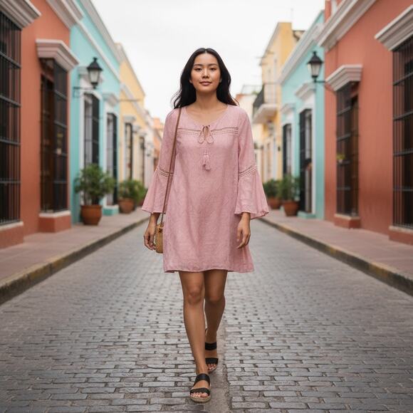 LOFT Women's Dusty Pink Textured Long Sleeve Boho Mini Dress Size SP - Picture 1 of 9